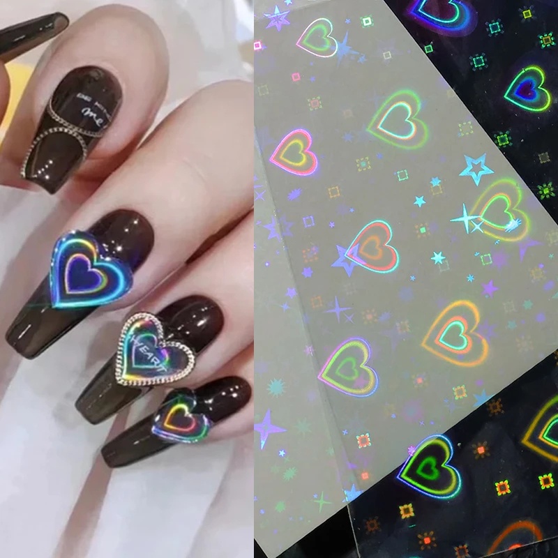 [Hàng mới về] Tờ nhãn dán laser ánh kim holo cực quang chuyển nước họa tiết trái tim/ ngôi sao trang trí móng nghệ thuật