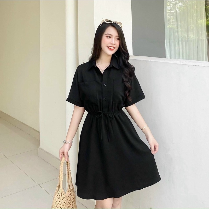 Đầm váy sơ mi thun eo 2 màu