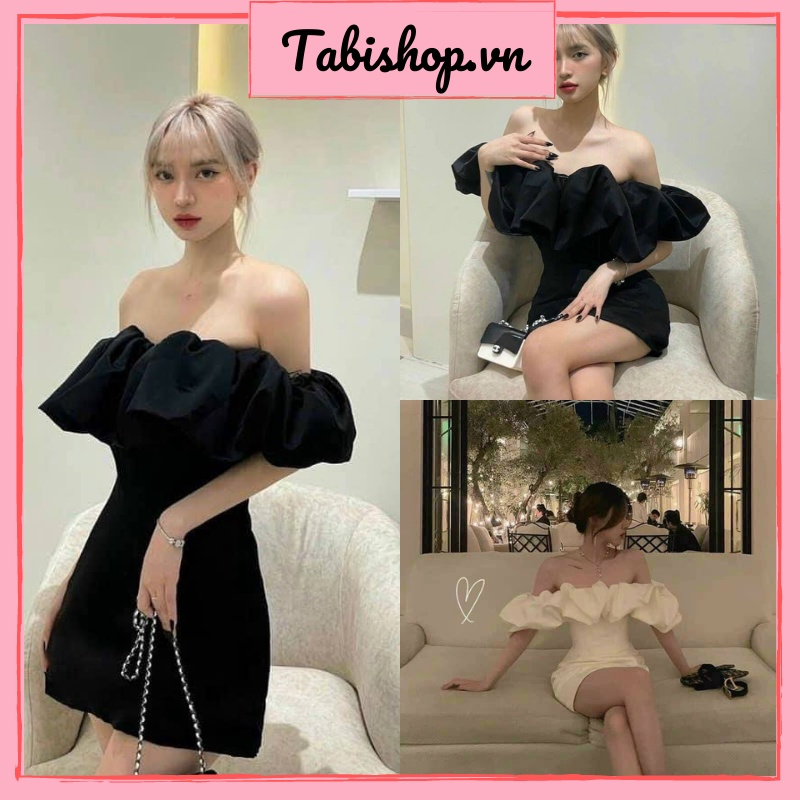 Váy trễ vai bèo nhún sang chảnh TABISHOP Đầm nữ màu đen trắng hở vai sexy thích hợp đi dự tiệc, đi chơi