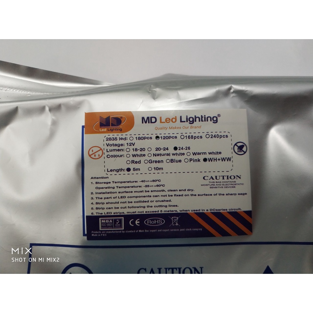 Đèn led dây dán 2835 12V 120LED/ m  khổ 8mm cuộn 5 mét  3 chế độ ánh sáng WH+WW hàng chất lượng cao