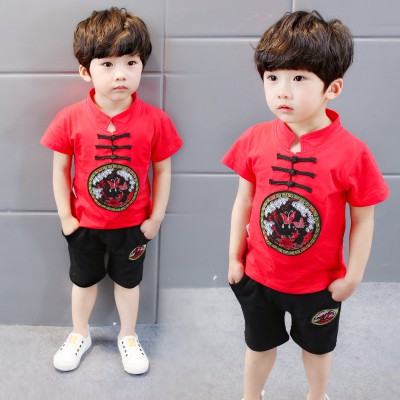[NHẬP KIDTET hoàn 15% xu đơn 150k] Set áo thun tay ngắn và quần họa tiết phong cách Trung Quốc độc đáo cho bé trai