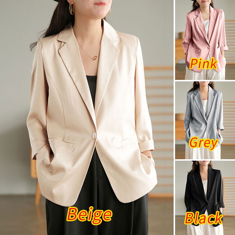 Áo khoác blazer ZANZEA bằng satin tay dài cổ lật xuống có nút gài thời trang công sở cho nữ