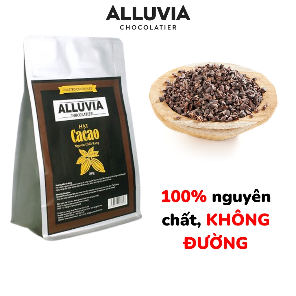 Hạt cacao Nibs rang nguyên chất 100% không đường không chất bảo quản Alluvia Chocolate túi 200 gram