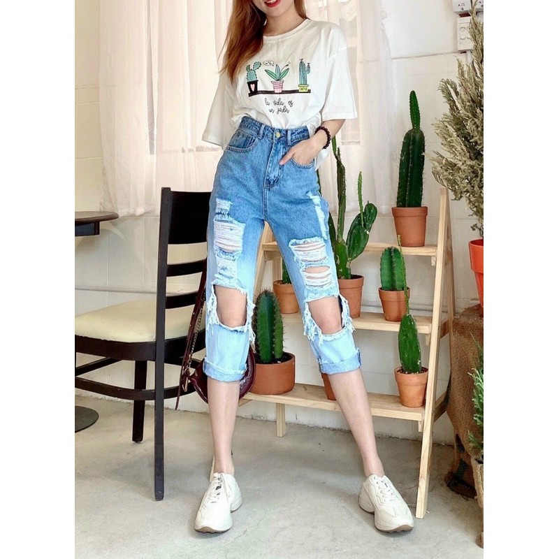 Quần baggy jean lửng wash loang rách mã 147, ảnh thật 100%