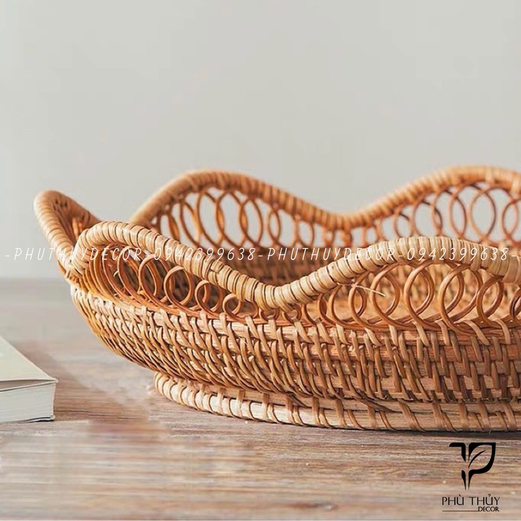 Khay mây, giỏ mây viền sóng lượn, đĩa mây decor, đựng hoa quả, bánh kẹo