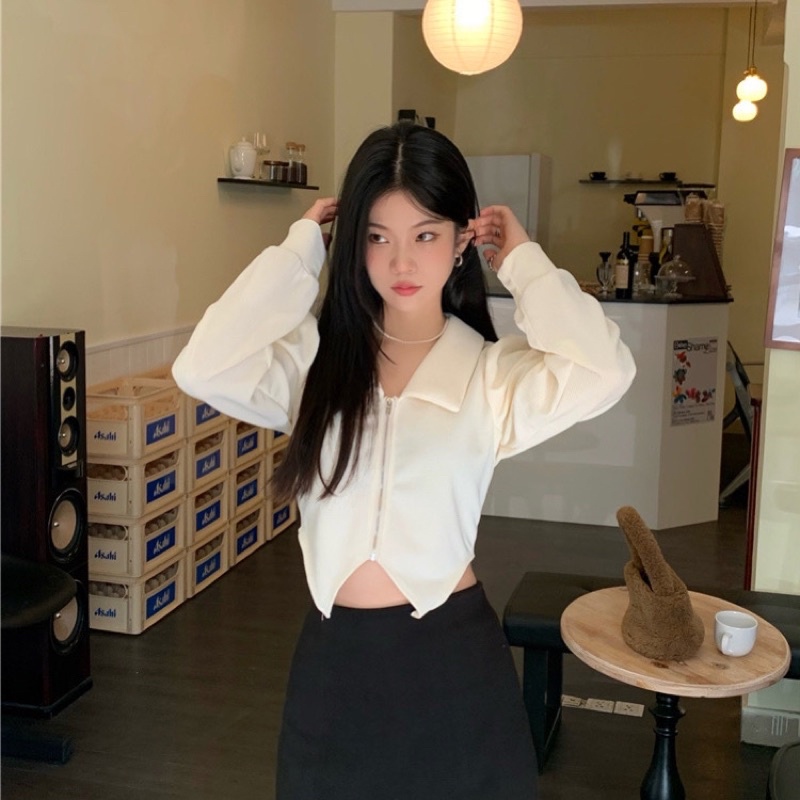 Áo khoác croptop dài tay khoá kéo tay bồng thời trang