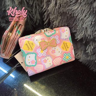 Bóp ví tiền cầm tay nút bấm da mềm nhiều họa tiết đầu , tim Hello Kitty icon tim nhiều ngăn màu hồng phấn