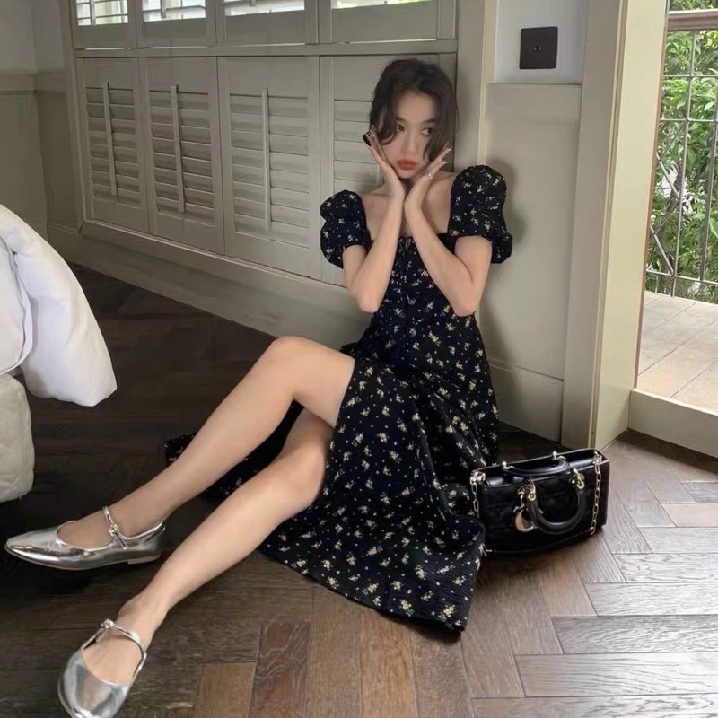 🦋Đầm MiDi Đen Hoa Cổ Vuông Xẻ Đùi🦋