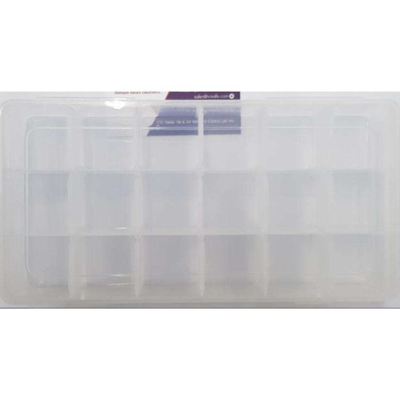 Hộp nhựa đựng linh kiện 18 ô 23*11.7*4 cm được sử dụng để chứa các thành phần linh kiện điện tử như điện trở, nut nhấn