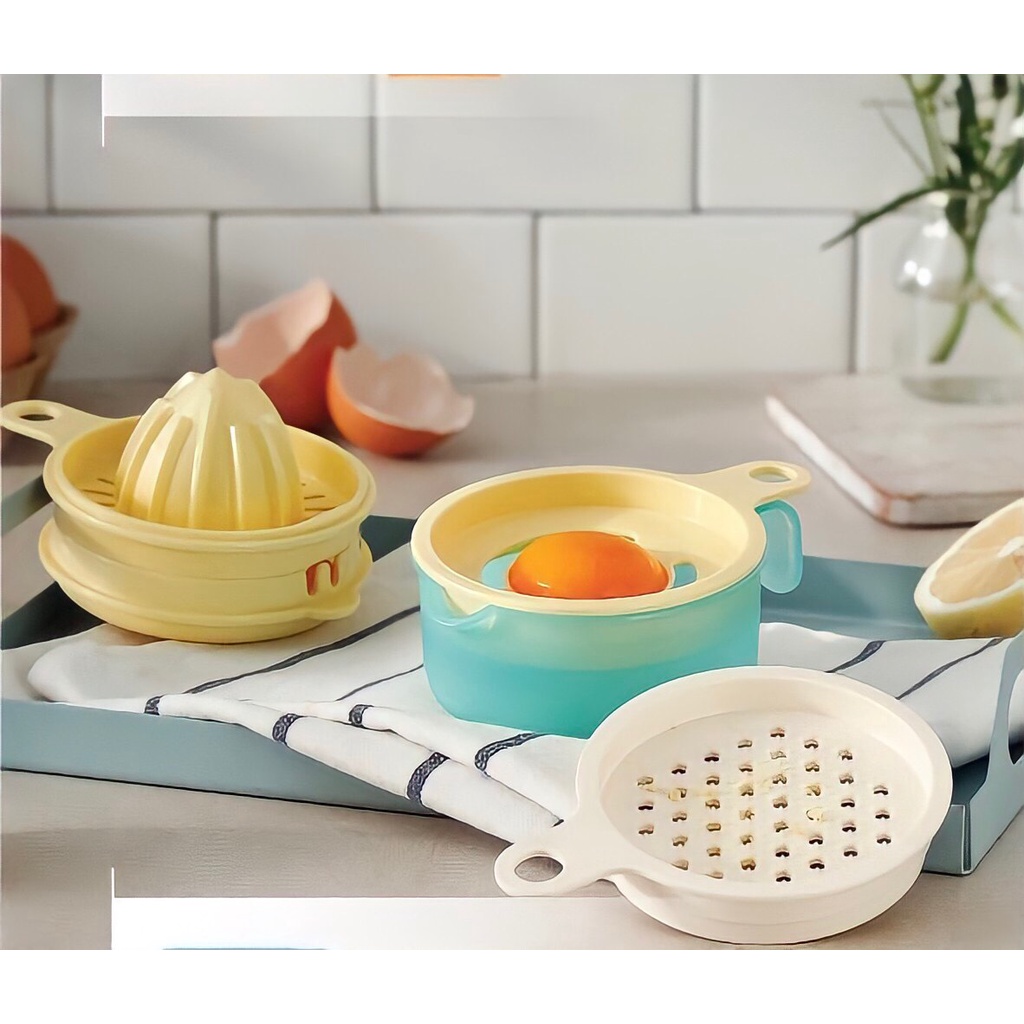 Bộ dụng cụ đa năng lọc tách lòng đỏ trứng, bào mài củ, vắt cam, ly rót Tupperware nhựa nguyên sinh an toàn sức khoẻ