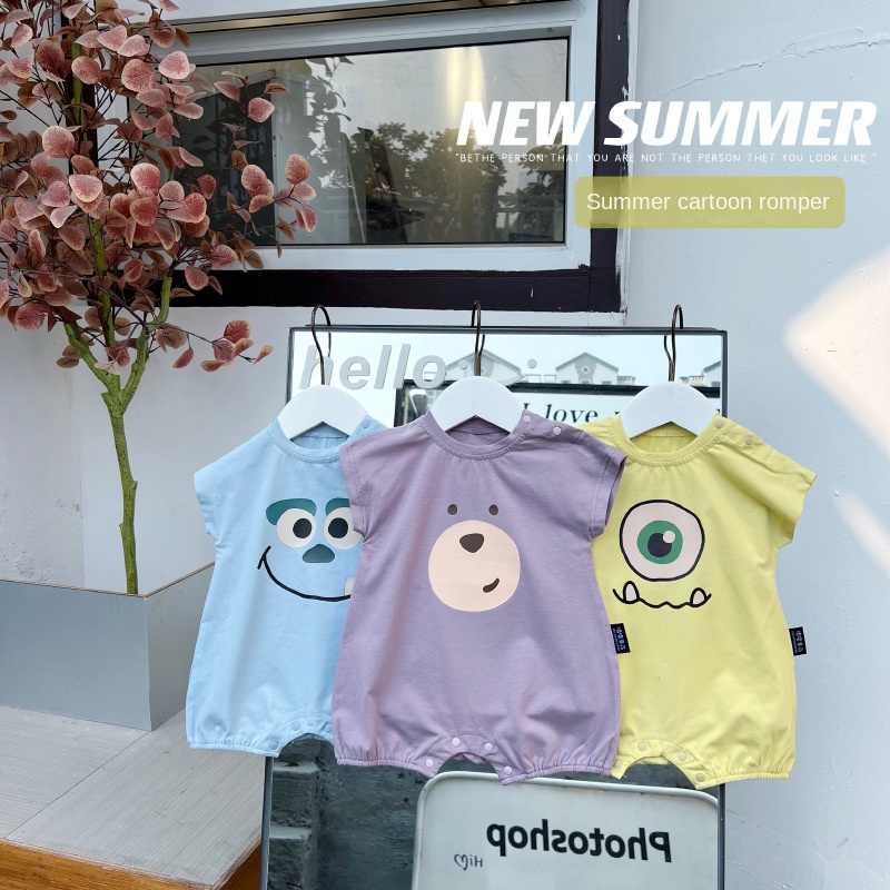 Áo Liền Quần Tay Ngắn Bằng Vải Cotton In Họa Tiết Hoạt Hình Dành Cho Bé Trai Gái 0-18 Tháng Tuổi