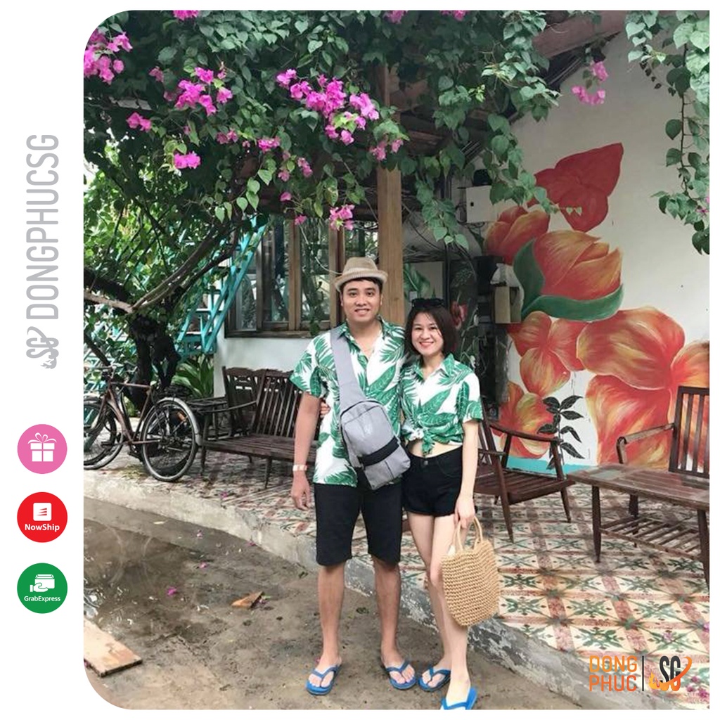 Áo đi biển nam nữ - Sơ mi hoạ tiết hoa lá màu xanh nổi bật - Chất vải tơ đũi mát mẻ, sang trọng ADLX | DONGPHUCSG