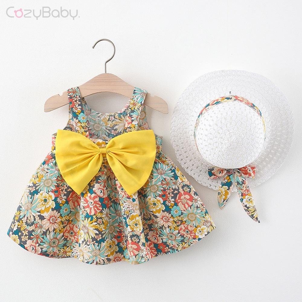 Bộ Đầm Công Chúa Cotton Không Tay Đính Nơ In Hoa Kèm Nón Dành Cho Bé Gái