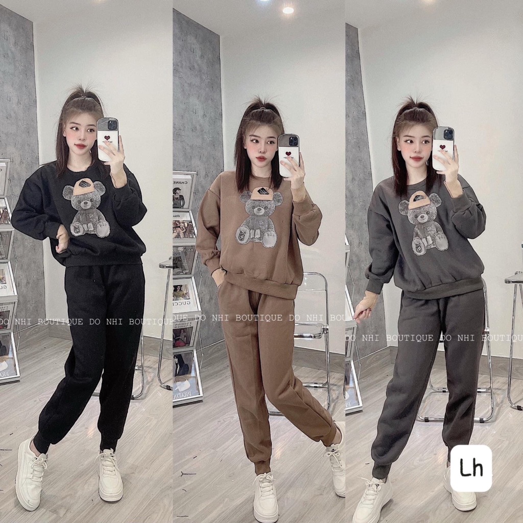 Bộ nữ mặc nhà, set bộ nỉ áo in hình mix quần jogger chất nỉ bông mua đông