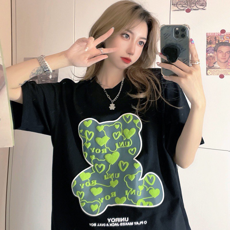 Áo Thun Nữ Tay Ngắn Dáng Rộng In Hình Gấu Dễ Thương