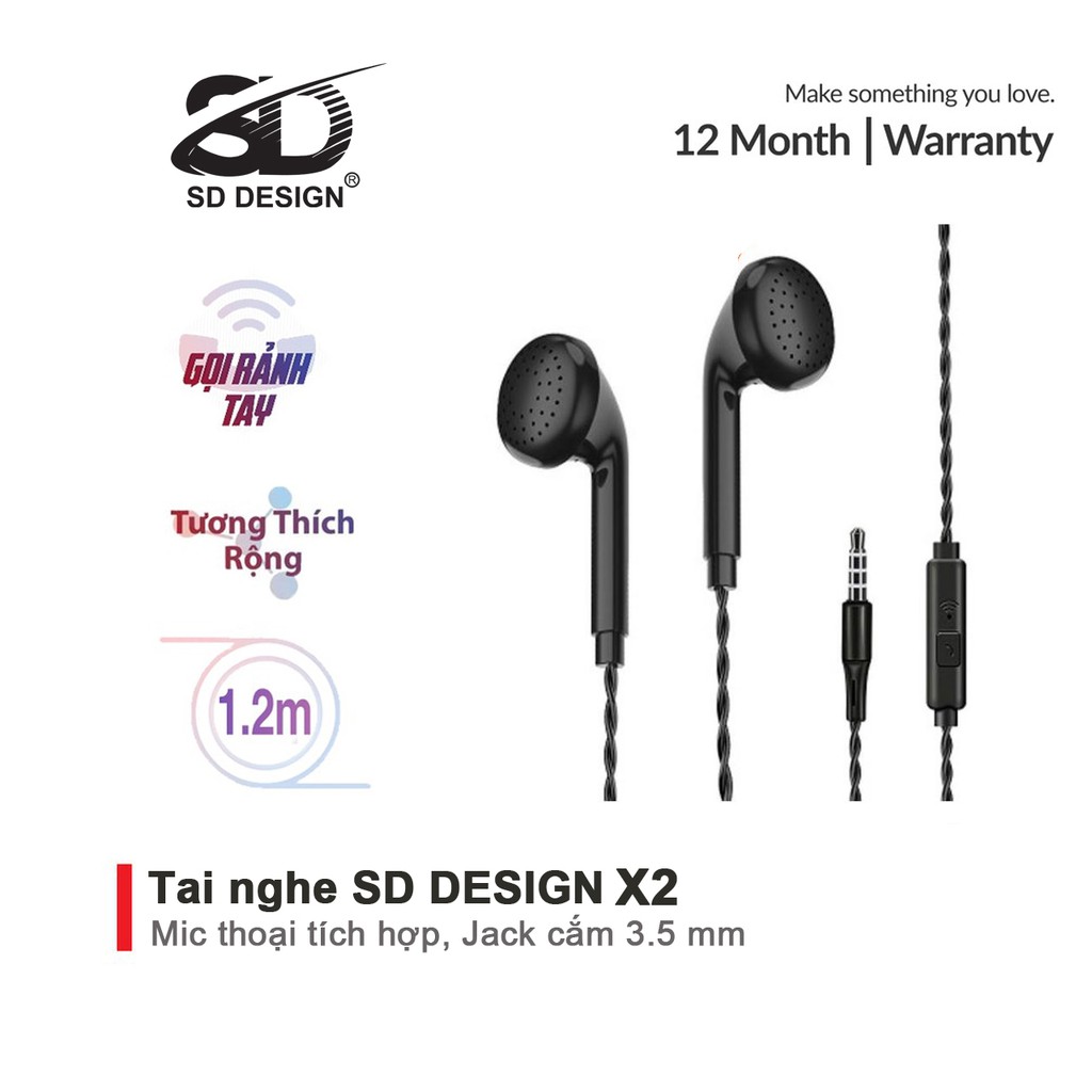 Tai nghe nhét tai chính hãng SD DESIGN X2 sử dụng cho các dòng iphone, samsung, oppo,.. jack cắm 3.5mm. bảo hành 1 đổi 1
