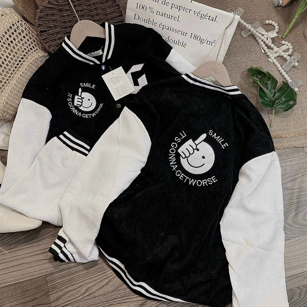 Áo Khoác Nhung Tăm Nữ 2 Lớp Chữ G Phối Mặt Cười Kiểu Dáng Bomber Phong Cách Trẻ Trυng Mặc Mát tp0040