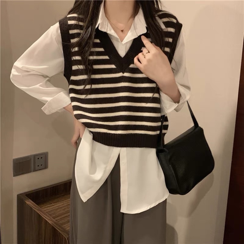 Set áo Gile kẻ sọc ngang áo sơ mi