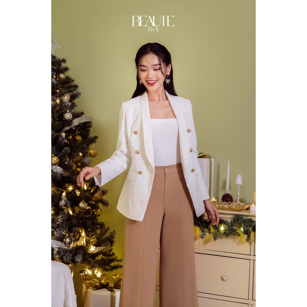 BEAUTEBYV - Áo blazer tweed vạt chéo cổ hai ve đính hàng cúc đồng sang trọng Marvin