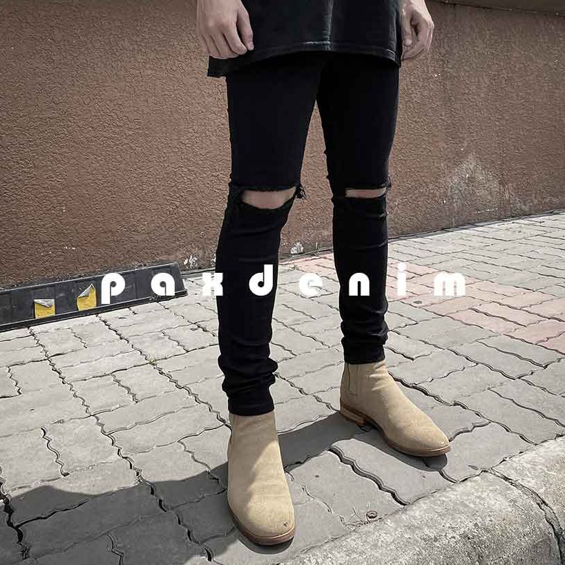 Jean rách gối Paxdenim màu đen chất co dãn dáng quần bó | BigBuy360 - bigbuy360.vn