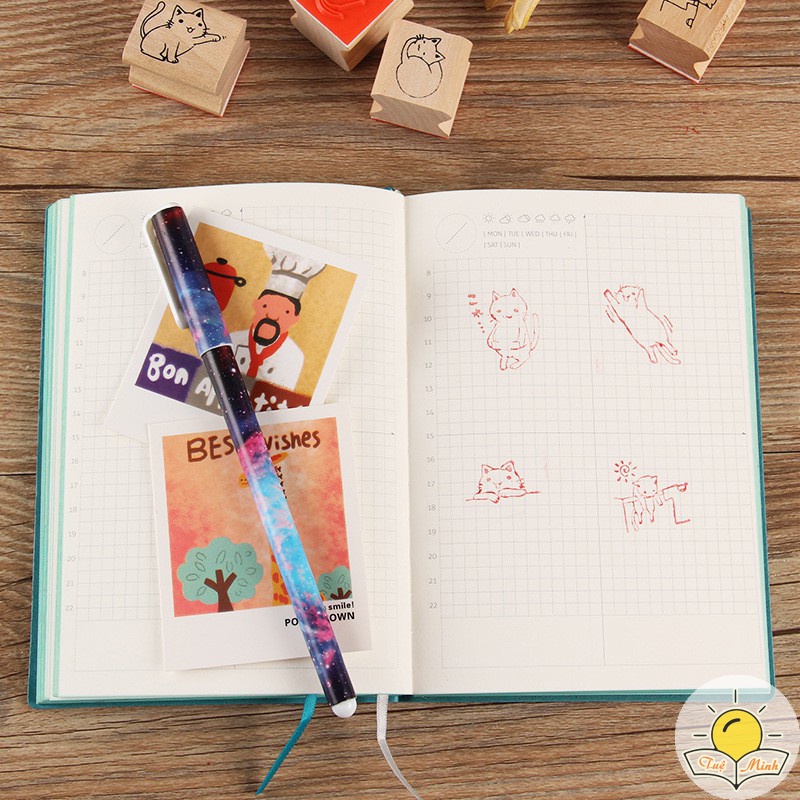 Bộ 9 con dấu gỗ hình Mèo/ Cơm Nắm dễ thương kèm hộp mực đóng dấu trang trí sổ và thiệp