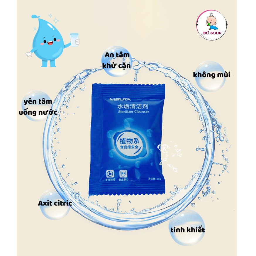 Tẩy cặn vôi canxi Misuta chính hãng, bột tẩy cặn bình đun nước, ấm siêu tốc, máy tiệt trùng hơi nước