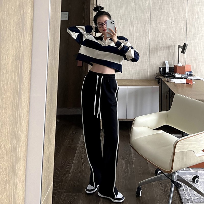 Quần thể thao ống rộng lưng cao phối dây rút phong cách Hàn Quốc thời trang xuân thu mới cho nữ