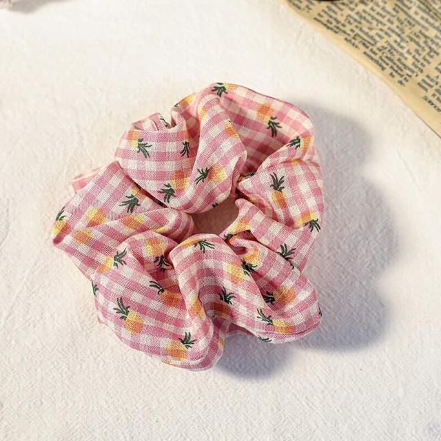 Chun cột tóc Scrunchies kẻ caro hoa quả