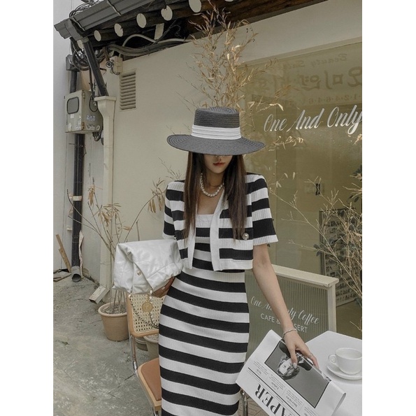 Set váy len kẻ hai dây mix áo khoác cadigan tay lỡ, dáng váy maxi dài quá gối V073