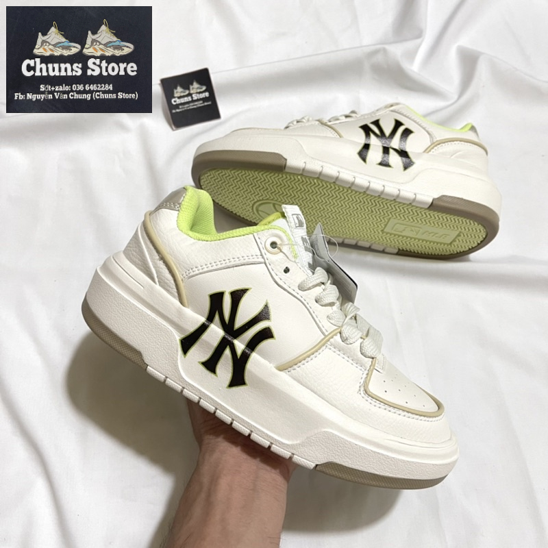 Giày MLB chunky Ofwhite x Mcqueen NY trắng kem vàng da nhăn cao cấp