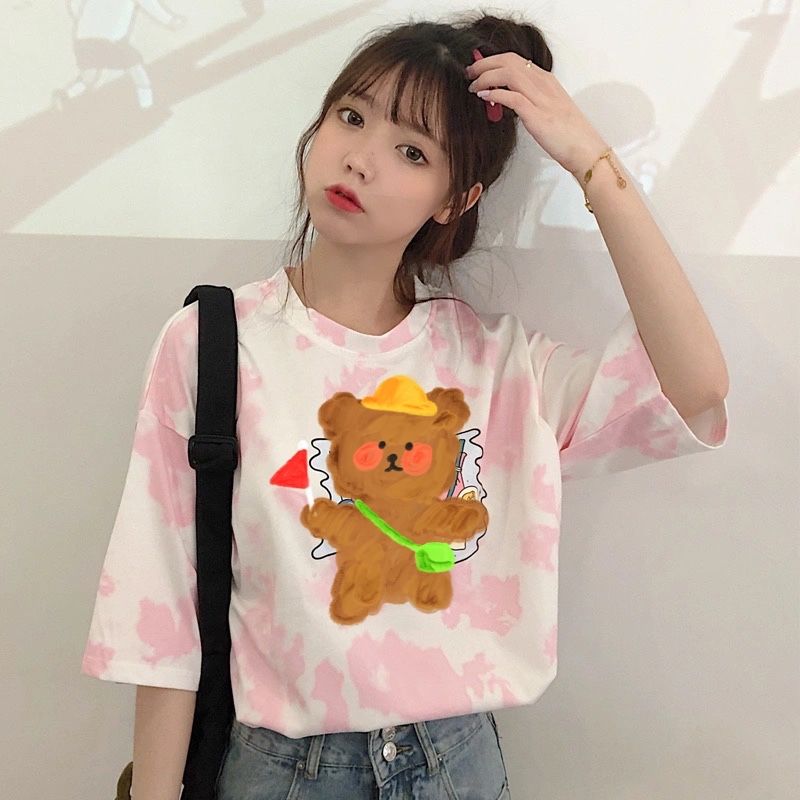 Korean women loose tie-dye T-shirt short sleeve large size