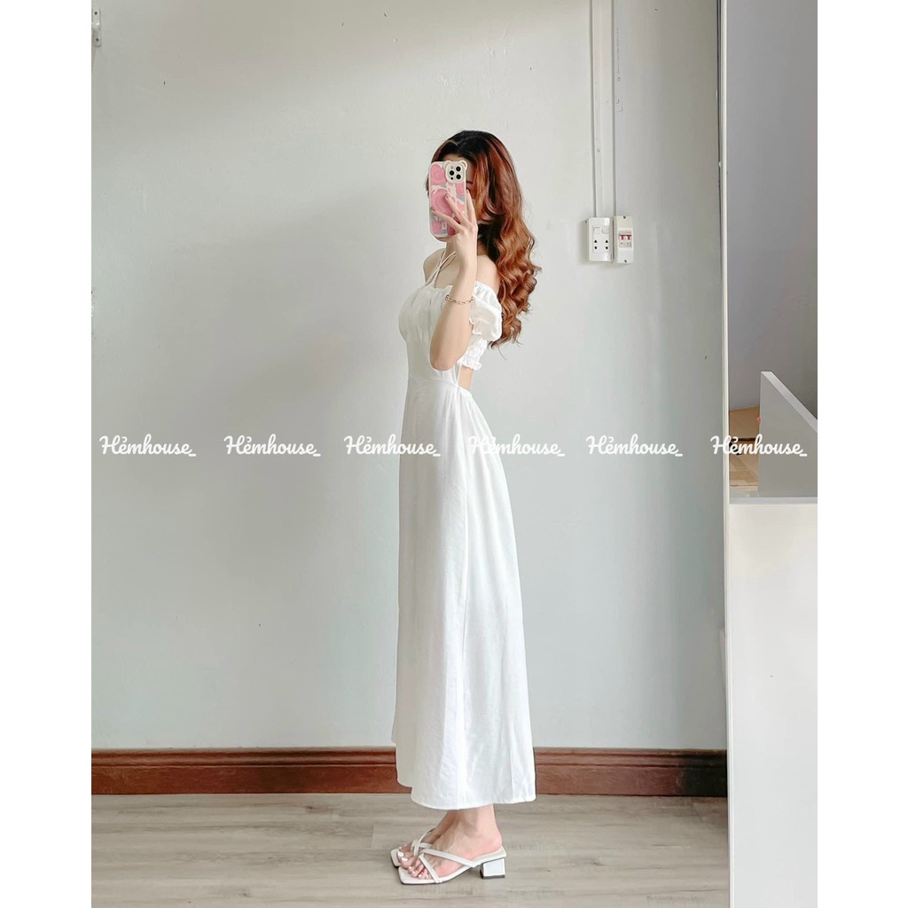Đầm tiểu thư màu trắng đi tiệc đầm cổ vuông cột dây, váy xòe maxi đi biển sang chảnh