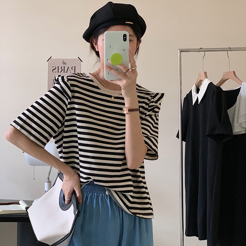 Áo Thun Tay Ngắn Cổ Tròn Dáng Rộng Kẻ Sọc Phong Cách Hàn Quốc Thời Trang Mùa Hè 52608