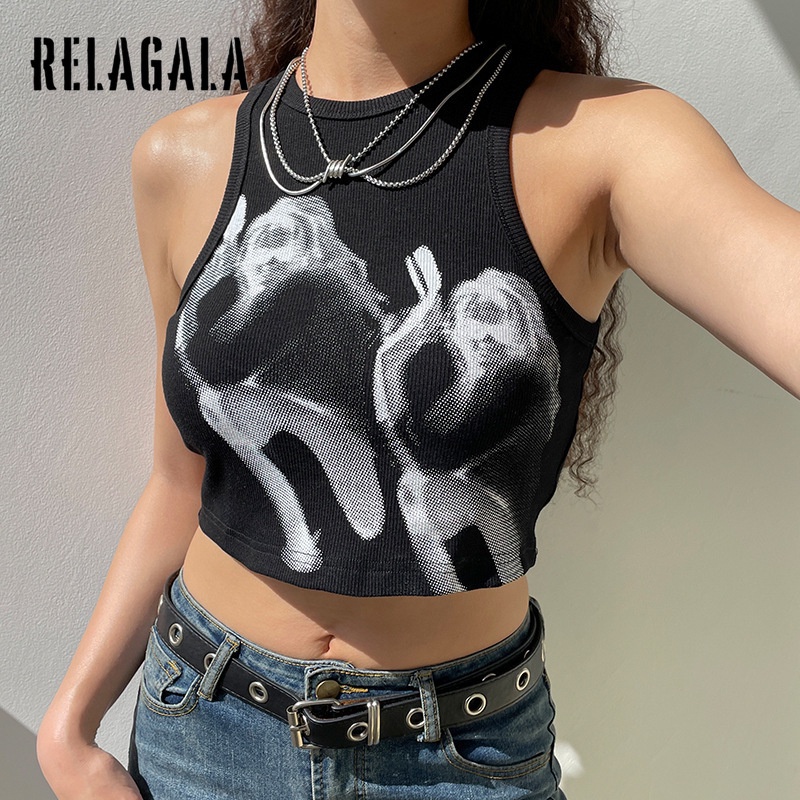 Relagala Áo Tank Top In Họa Tiết Tương Phản Thời Trang Đường Phố Cho Nữ
