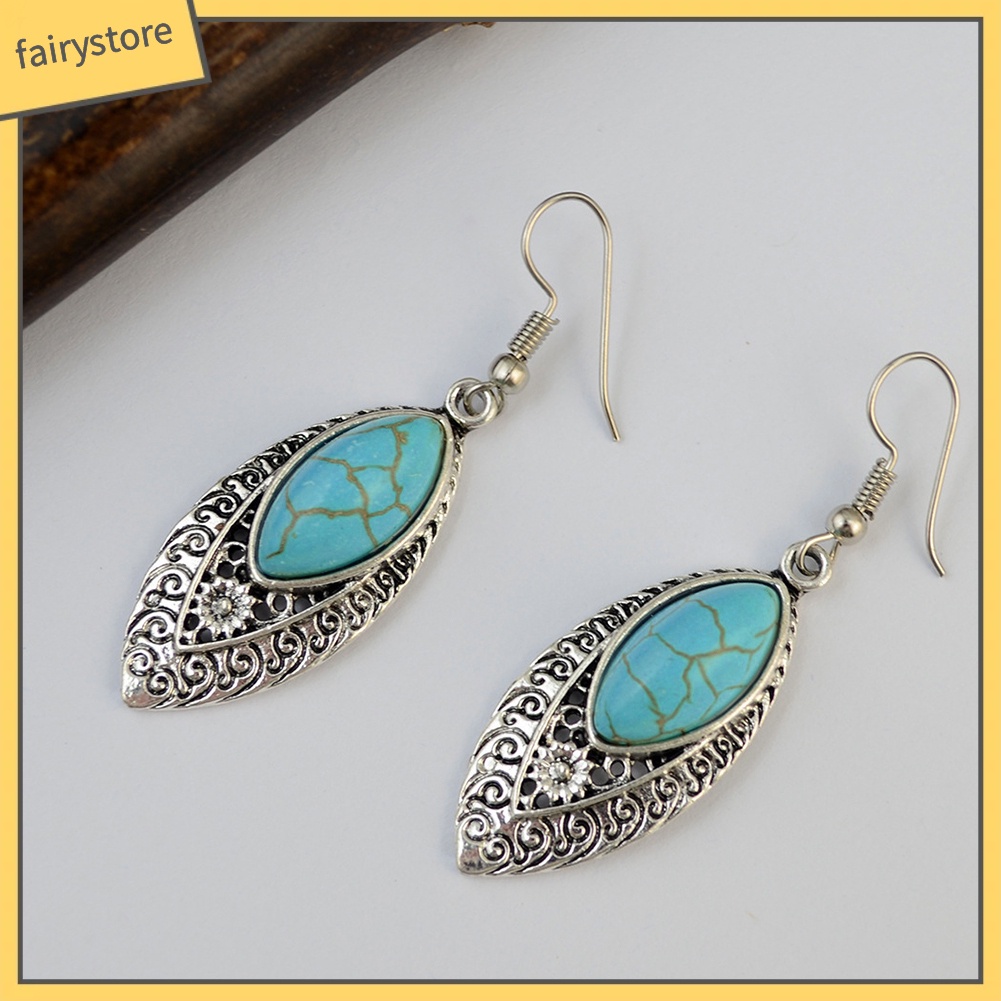 Bông tai dáng dài đính đá ngọc lam nhân tạo phong cách bohemian độc đáo