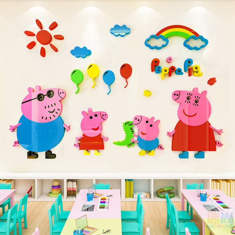 Tranh dán tường 3d cho bé gia đình pepa pig, trang trí mầm non, trang trí khu vui chơi trẻ em