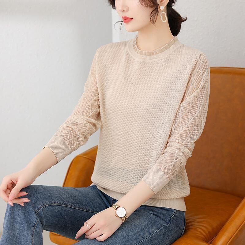 Áo Dệt Kim Cổ Tròn Phối Ren Mỏng Thời Trang Mùa Thu Cho Nữ