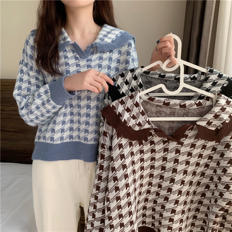 Áo dệt kim tay dài cổ búp bê dáng rộng phong cách hàn quốc