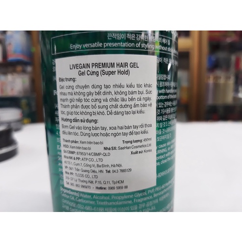 Gel Tạo Kiểu Tóc Hàn Quốc Livegain Premium Hair Gel 450ml Xanh Cho Nam Và Nữ Chính Hãng