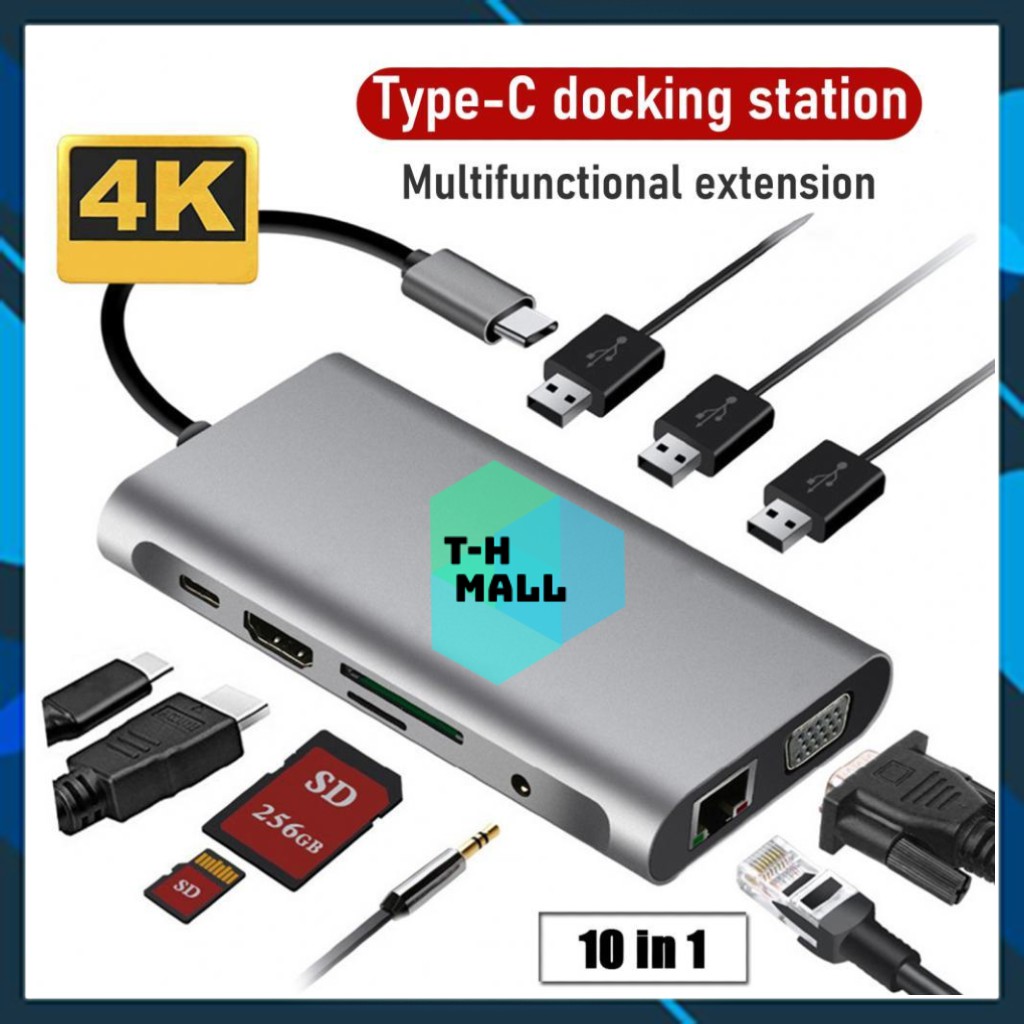 Bộ chuyển đổi hub 10 trong 1 USB type C to USB3.0  / HDMI / PD / RJ45 / SD / TF card / VGA / Audio 3.5 10 in 1