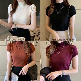 Áo Dệt Kim Tay Ngắn Cổ Lọ Nữ Tính