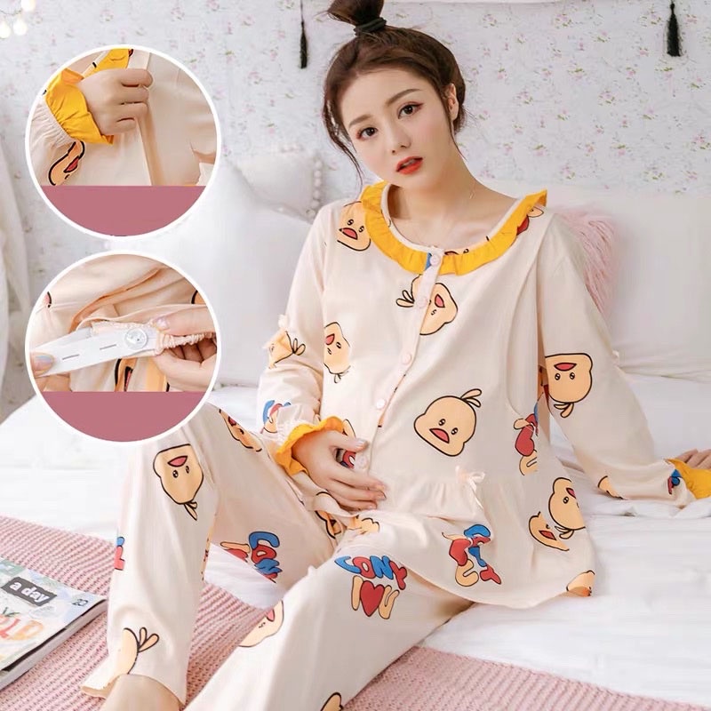 Bộ bầu - sau sinh mặc nhà - cho con bú - 2 chức năng - chất liệu cotton ( Qủa dâu chấm sọc - Dài )