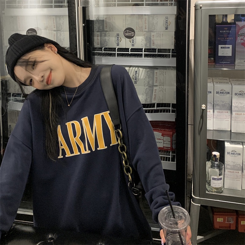 Áo Sweater Tay Dài Dáng Rộng Cổ Tròn In Chữ Kiểu Hàn Quốc Cá Tính