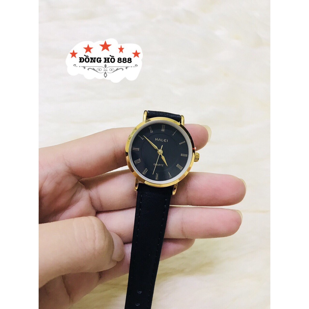 Đồng hồ nữ HALEI dây da đen mặt đen size 28mm kính chống xước, chống nước tuyệt đối giờ số la mã HL540