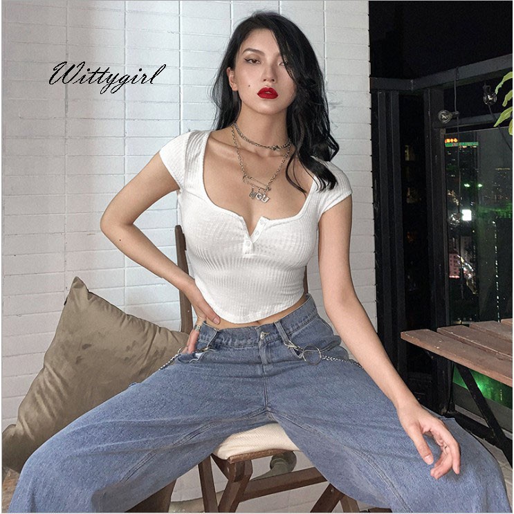 Áo Croptop Tay Ngắn Cổ Chữ U Phối Nút Thời Trang Mùa Hè Cho Nữ