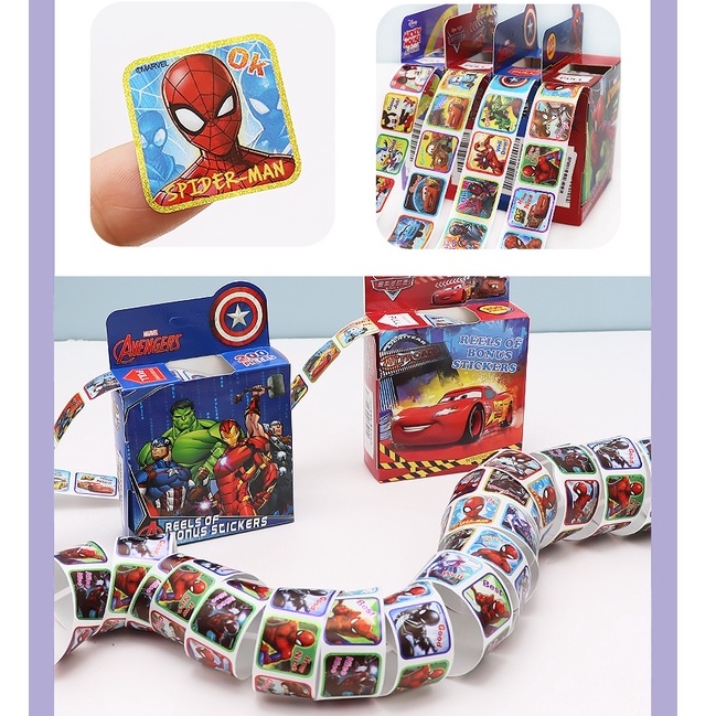 Cuộn 200 Sticker Khen Thưởng Cho Bé - Bộ Sưu Tập Hình Dán Siêu Nhân Spiderman Công Chúa Elsa Bé Cực Thích