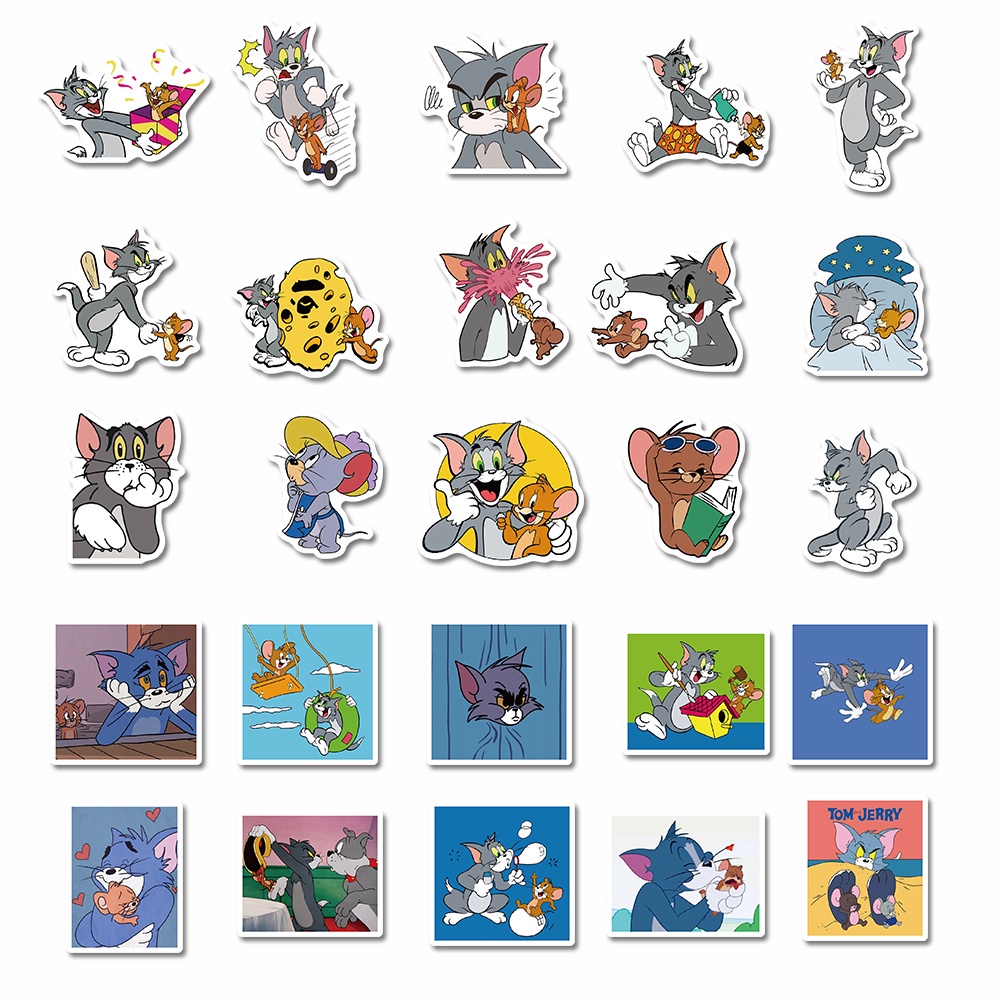 Set 50 chiếc sticker chống thấm nước TOM AND CHERRY - MÈO VÀ CHUỘT dán mũ bảo hiểm, vali, laptop, xe, đàn