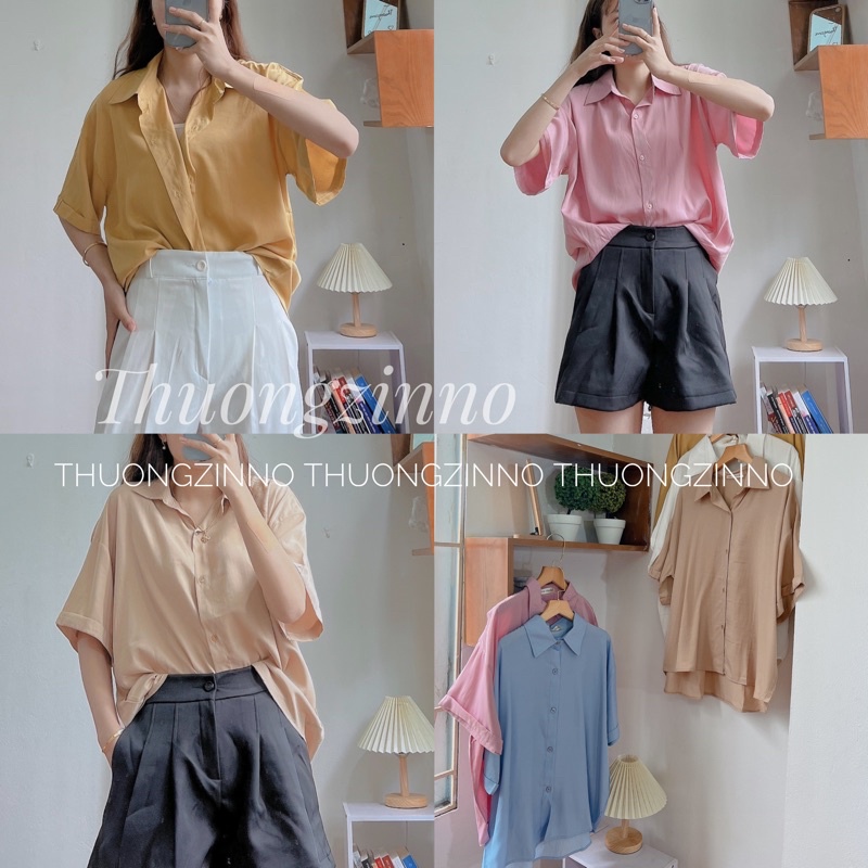 Áo sơ mi lụa Tằm cộc tay chất thái cổ đức thiết kế trơn mềm tôn dáng Áo sơ mi form rộng