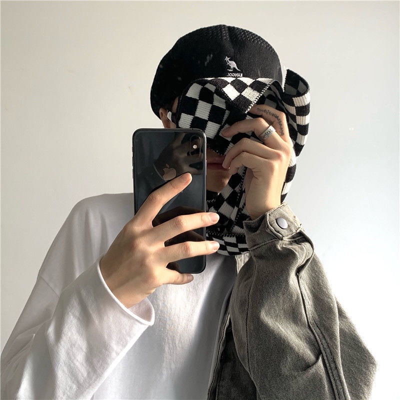 Khăn choàng cổ đan len họa tiết sọc ca rô trắng đen phong cách Âu Mỹ thời trang thu đông cho nữ