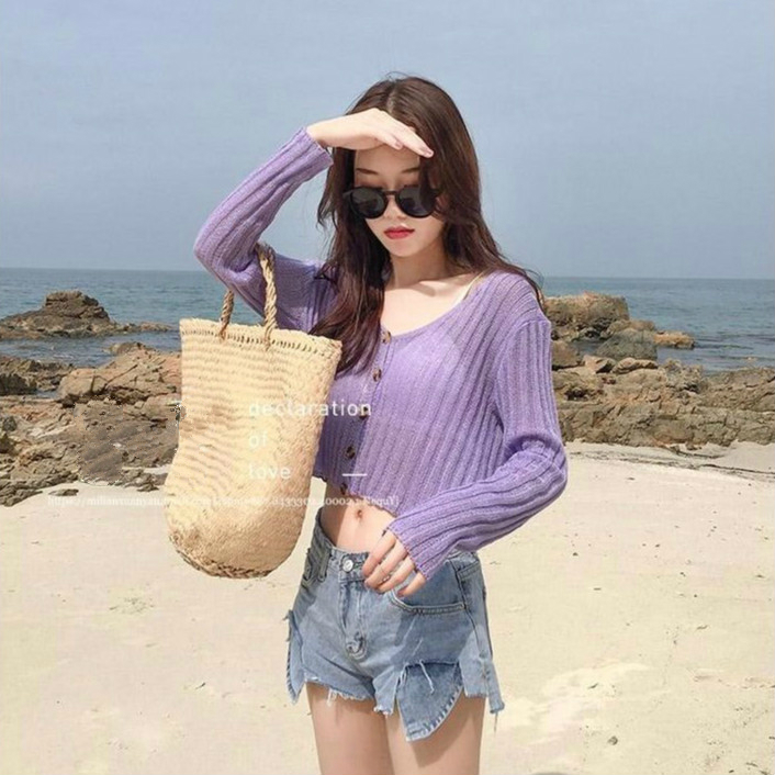 Áo Khoác Cardigan Dệt Kim Tay Dài Cổ Chữ V Ôm Dáng Màu Tím / Trắng / Mơ / Đen / Xanh Lá Phong Cách Hàn Quốc Quyến Rũ